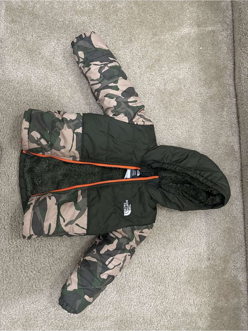 The North Face Kids' Olive Green & Camo Hooded Puffer Jacket with Orange Zipper
